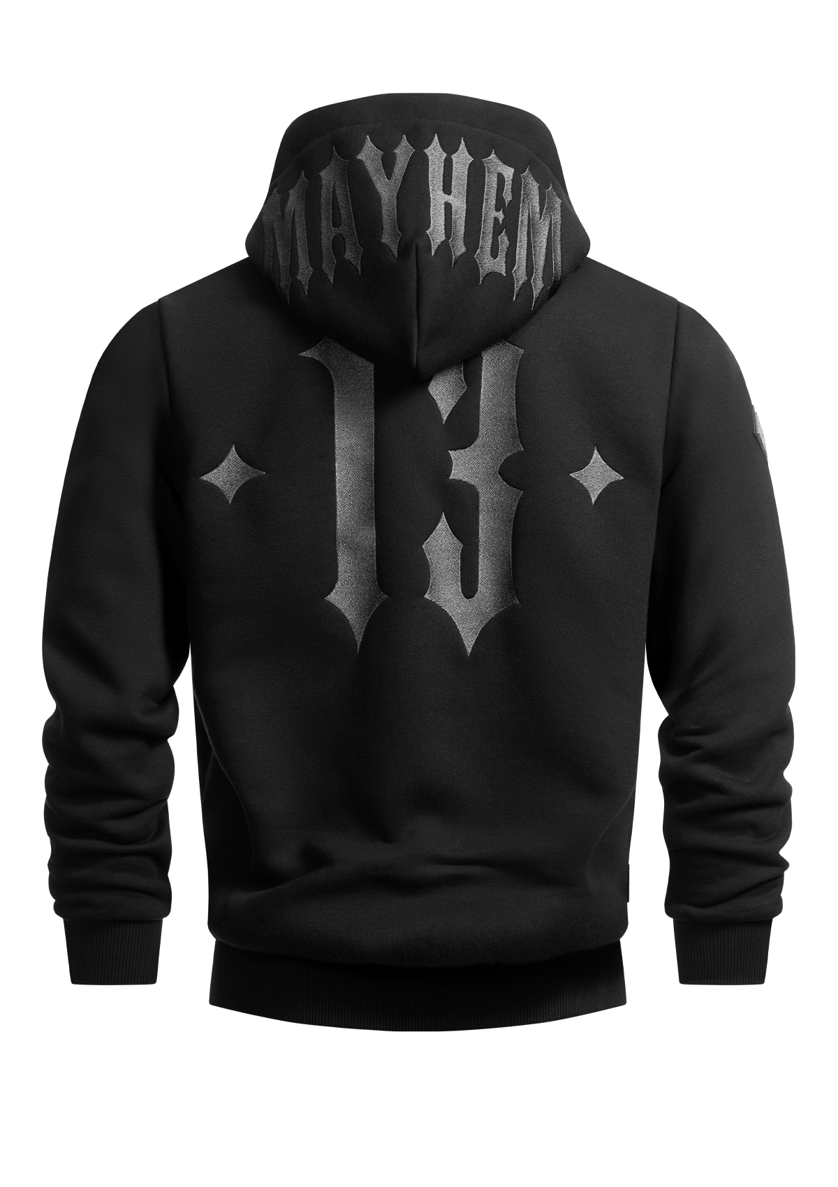 Rückansicht der Hoodie-Jacke: Mayhem-13-Logo in Grau, auf der Kapuze MAYHEM, schwarz | MEN OF MAYHEM