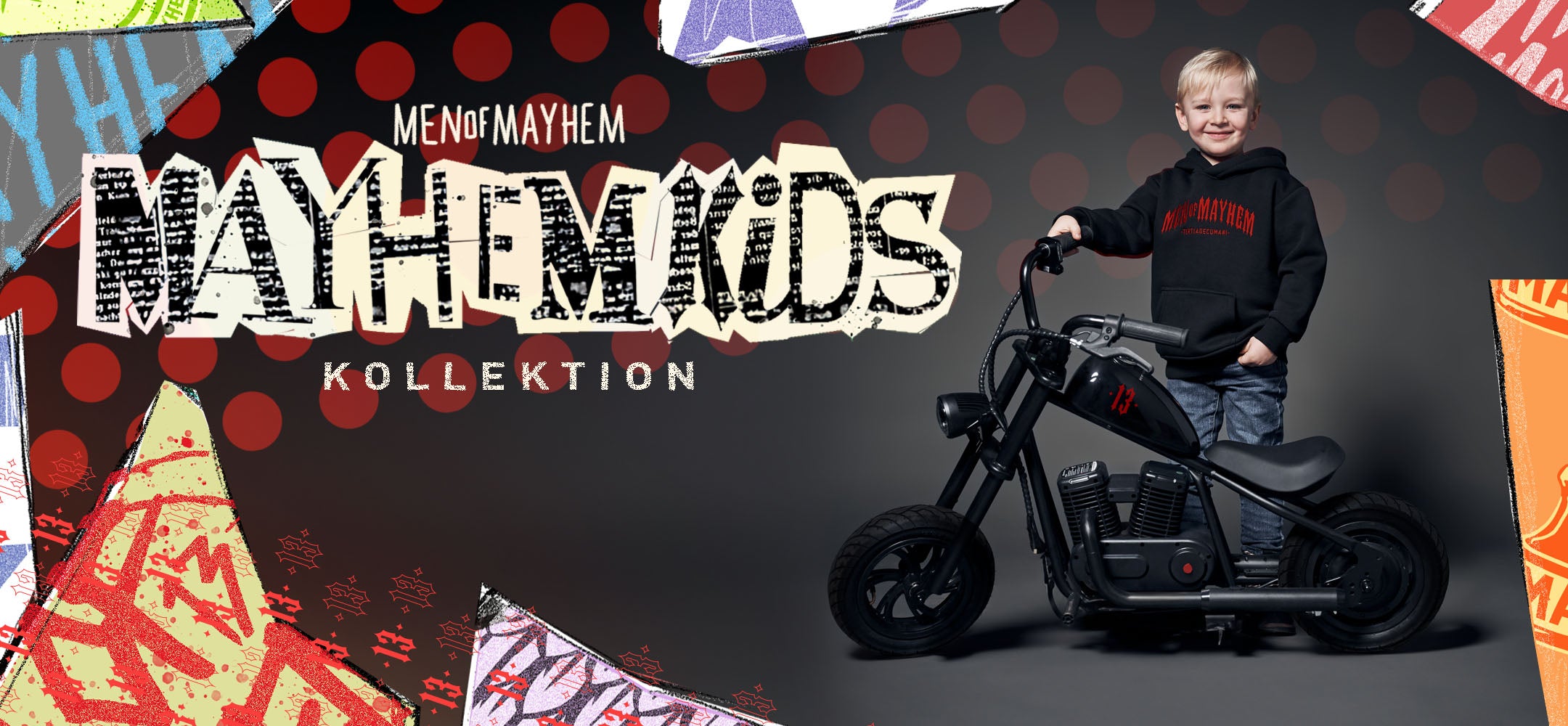 men of mayhem kinder kollektion banner kind mit motorrad und men of mayhem hoody in schwarz rot