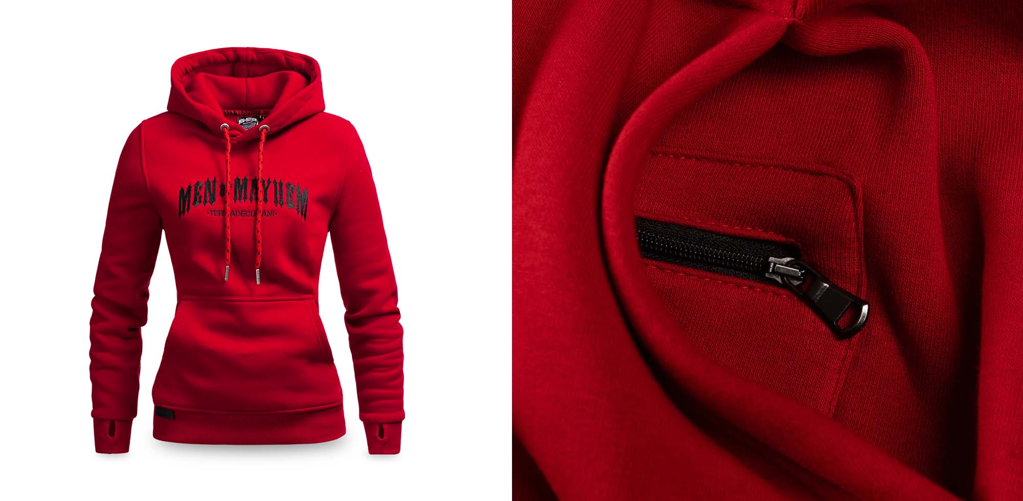 men of mayhem hoody in rot mit schwarzem stick - detailaufnahme der tasche in der bauchtasche, welche mit einem reißverschluss verschlossen werden kann