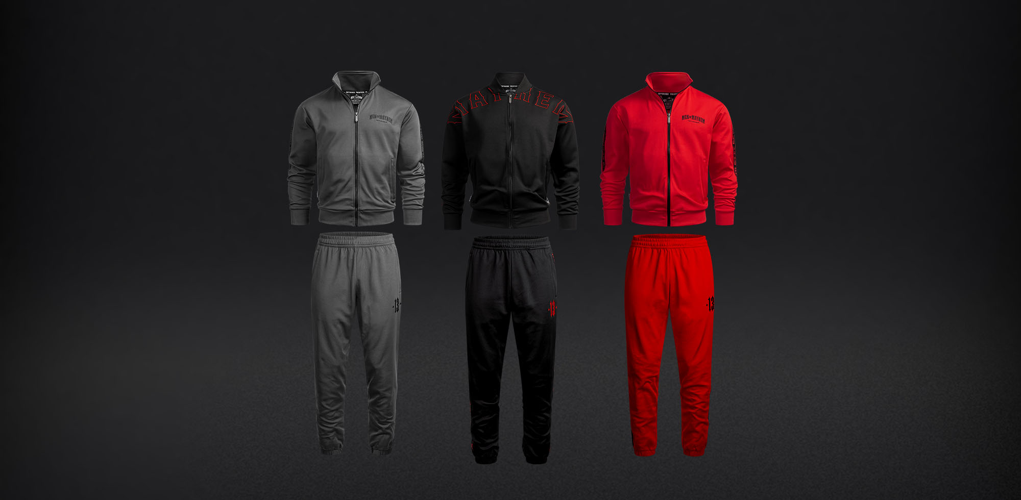 men of mayhem trainingsanzüge in grau, schwarz & rot als komplett set.