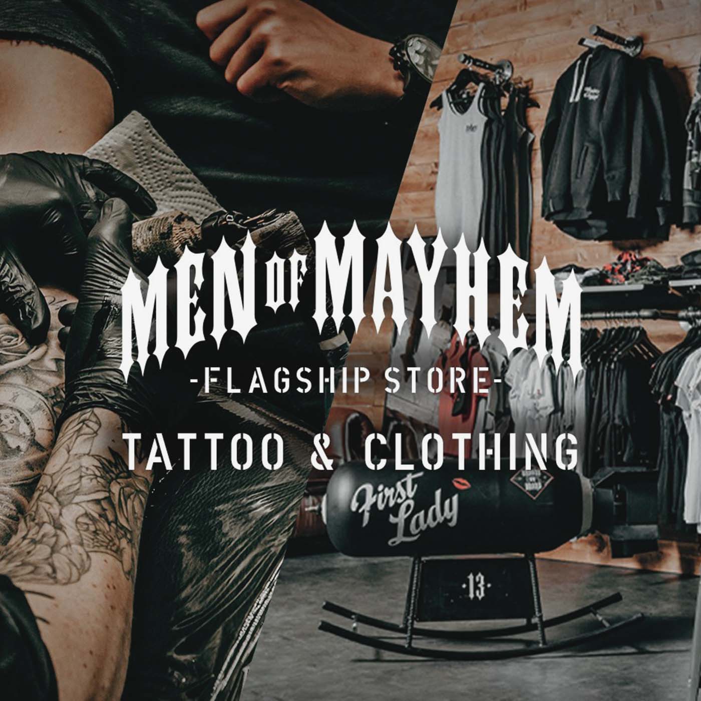 men of mayhem logo in weiß im hintergrund bilder des flagship stores in hamburg sowie bilder vom tattoo studio mayhem ink