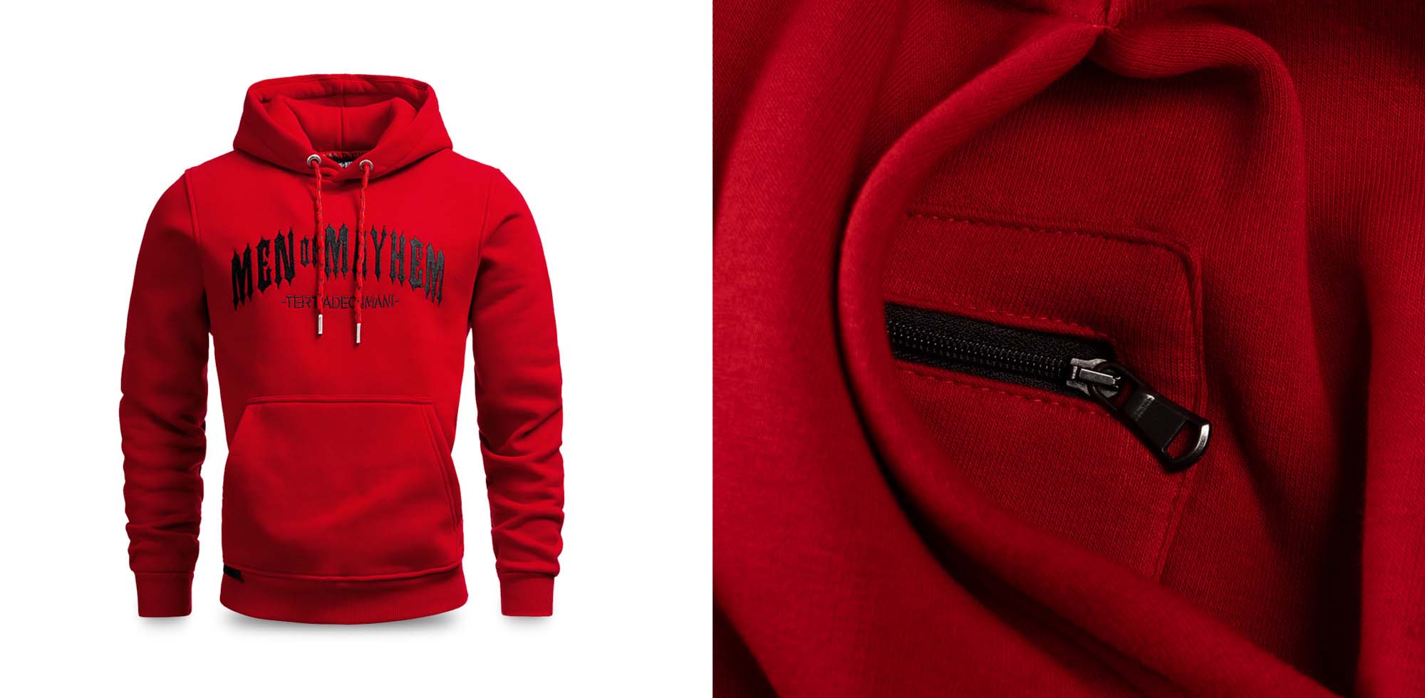 men of mayhem hoody in rot mit schwarzem stick - detailaufnahme der tasche in der bauchtasche, welche mit einem reißverschluss verschlossen werden kann