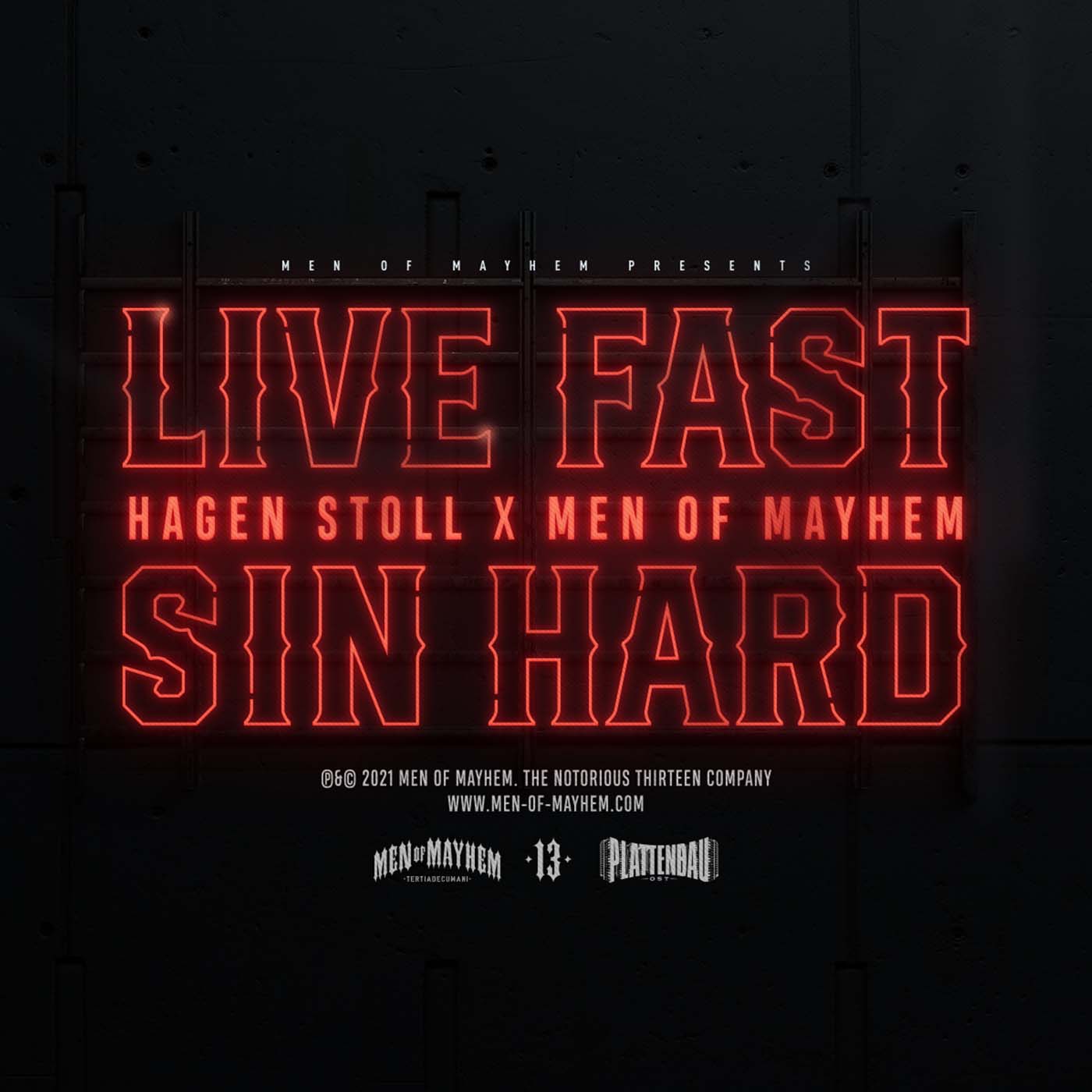 men of mayhem single cover live fast sin hard in schwarz rot. künstler hagen stoll aka rilla
