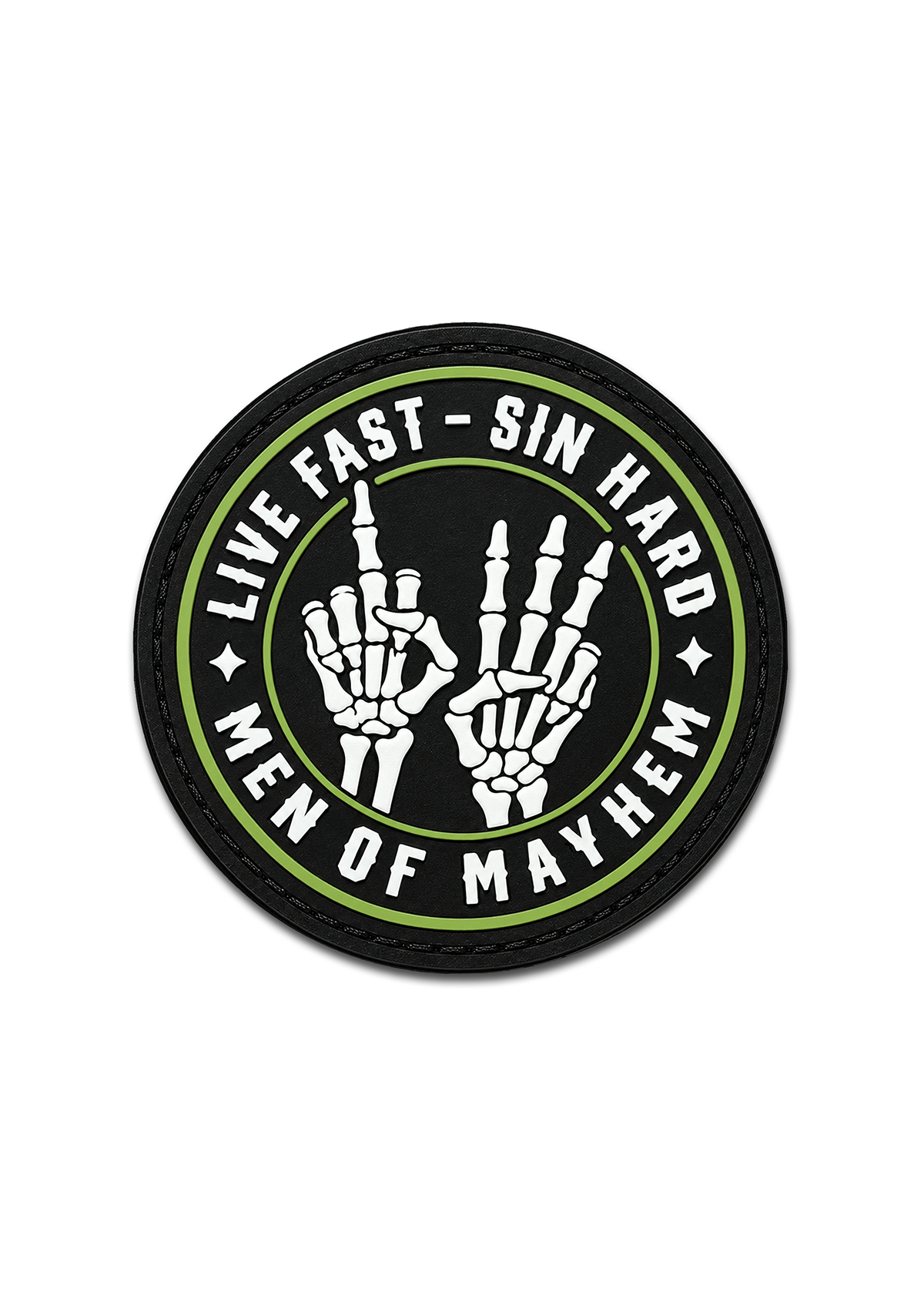 Runder Aufnäher mit Knochenhand und Rundschriftzug in Grün, Bonehands Aufnäher in Schwarz mit Grün | MEN OF MAYHEM